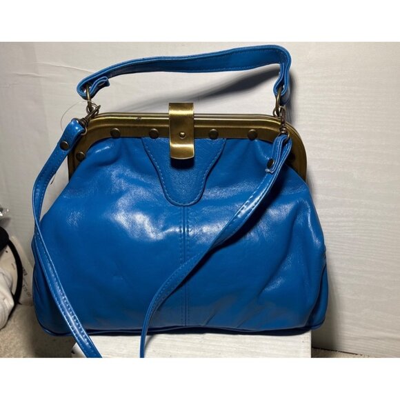 Vera Pelle Purse Italian Blue Leather Frame Bag Brass Hardware Strap Vtg READ - Picture 2 of 16